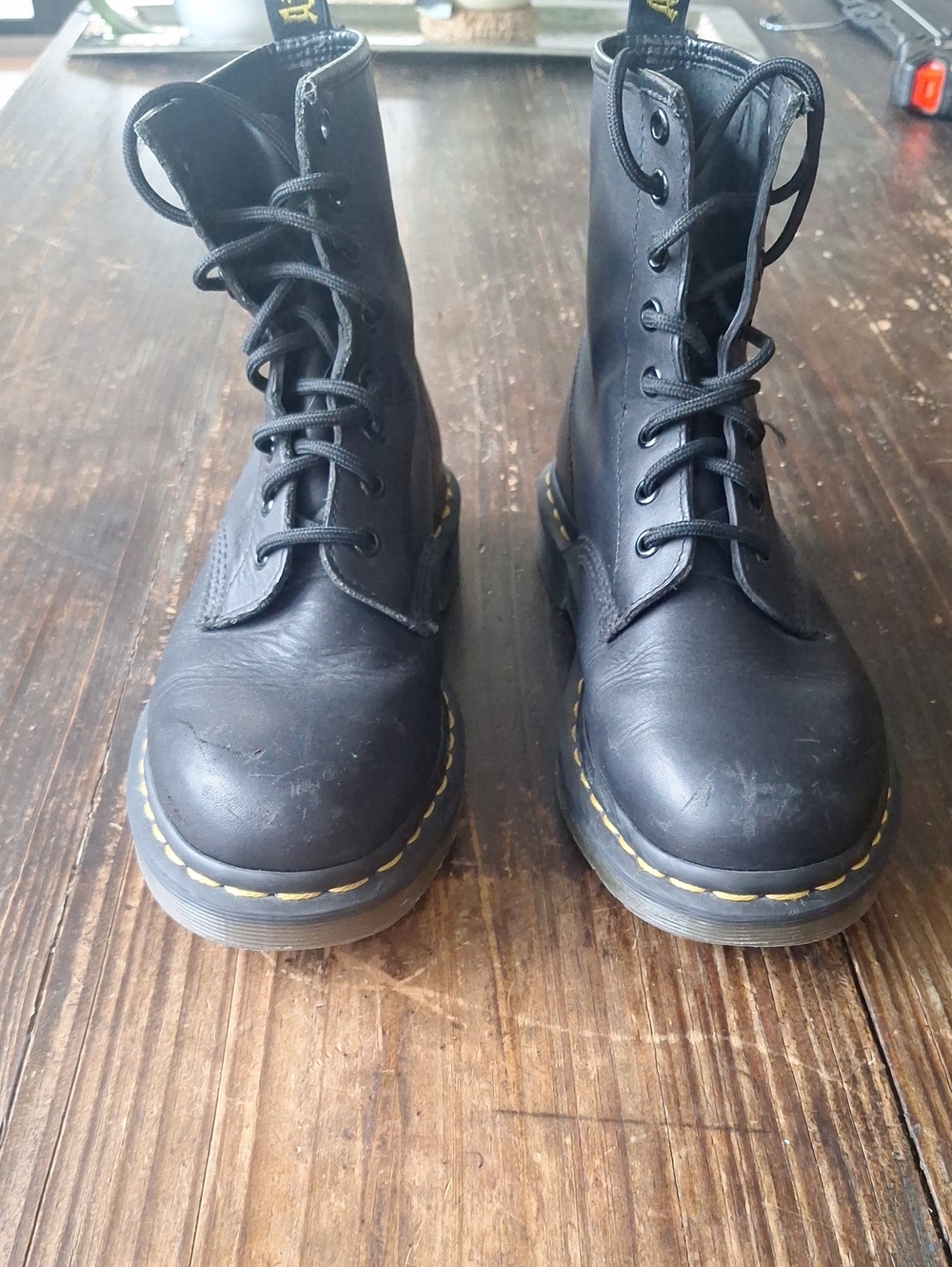 Dr. Martens Black Leather Lace-Up Combat Boots with Yellow Stitching
